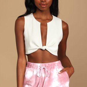 Ready for More White Ribbed Knotted Sleeveless Crop Top - XS